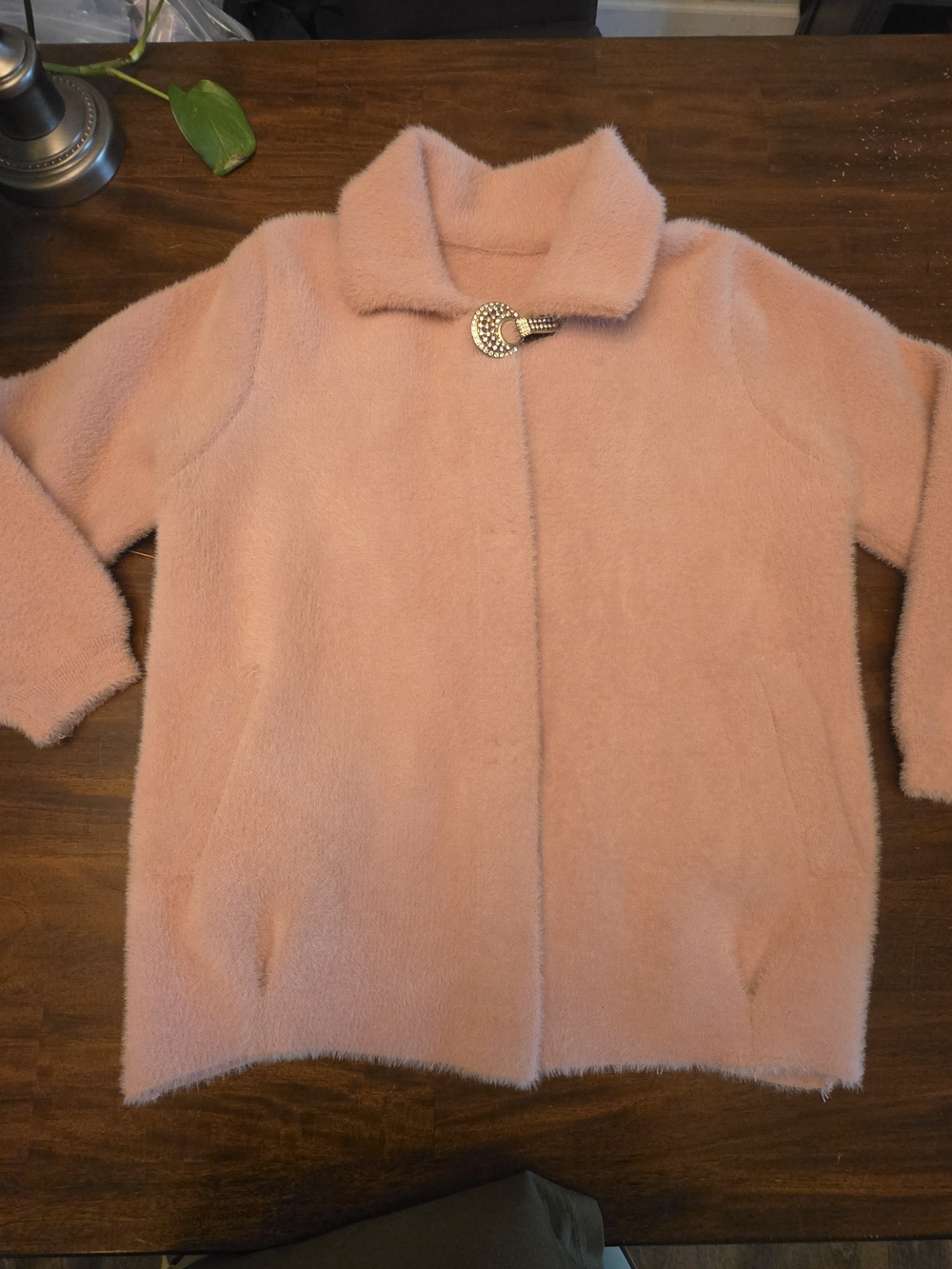 Vintage 60s 70s Peach Knit Coat Statement Rhinestone Clasp Collar Jacket